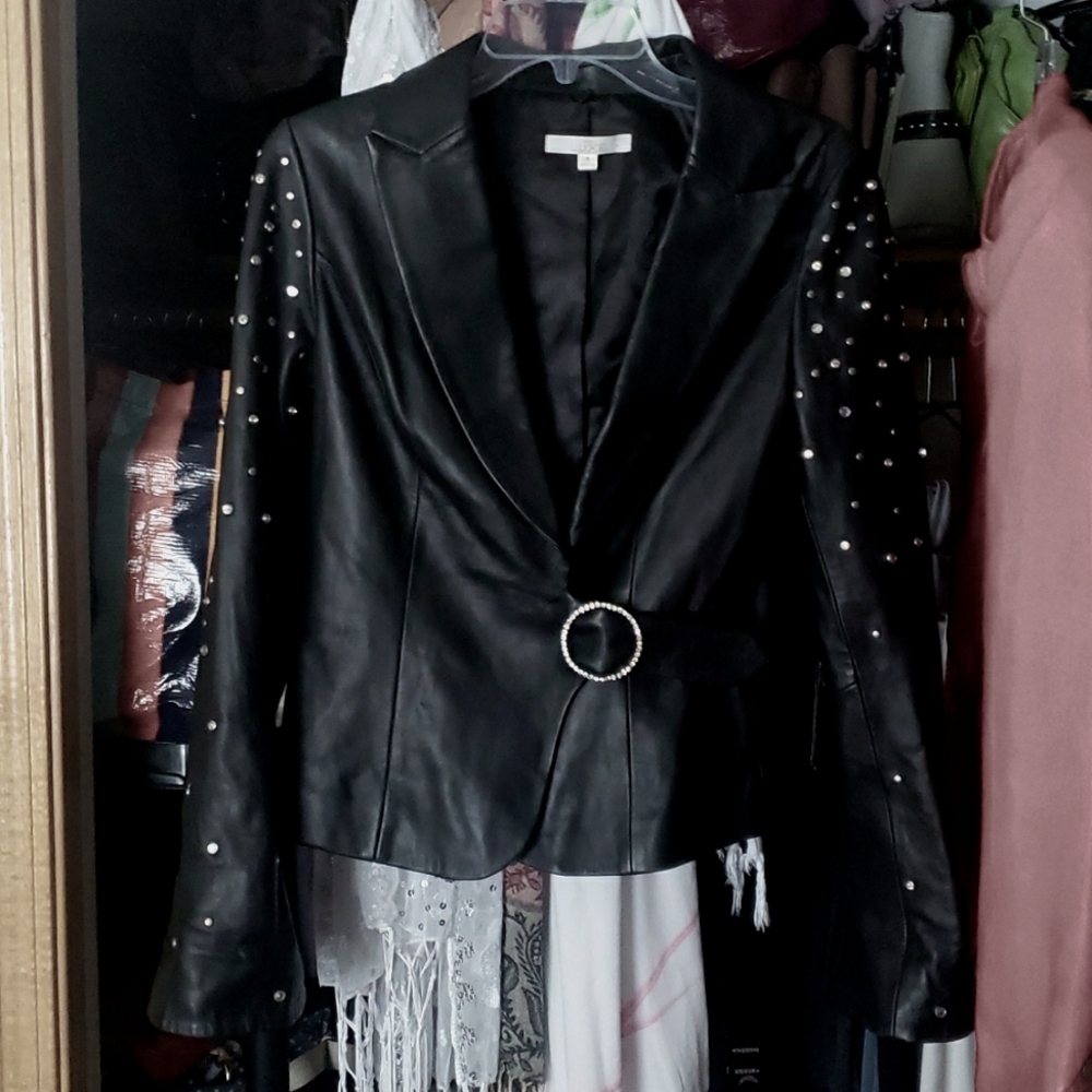 Cach Luxe Black Genuine Leather Jacket with studs and Belt Size 8